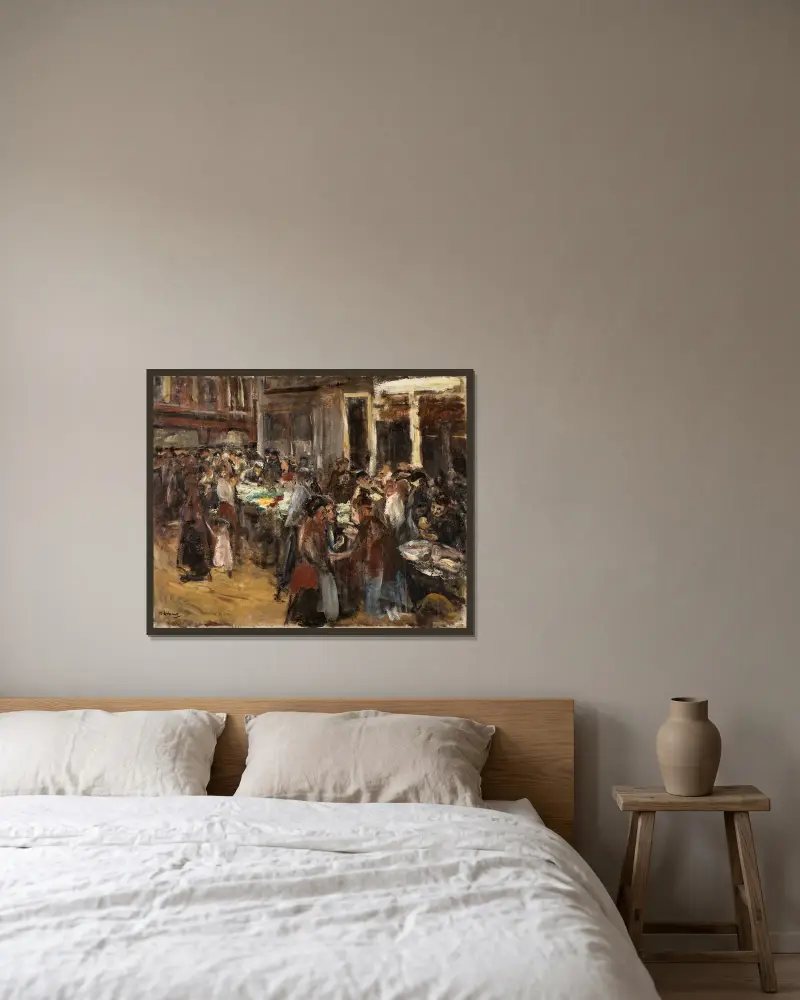 Grönsaksmarknad i Amsterdam av Max Liebermann inramad på en vägg