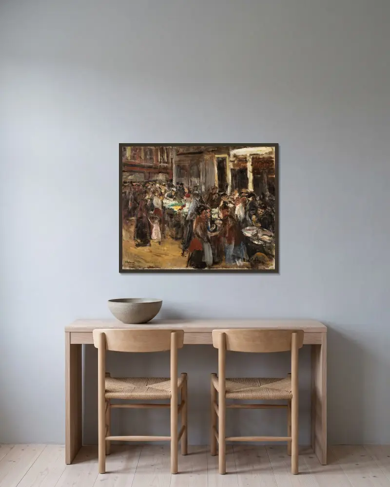 Grönsaksmarknad i Amsterdam av Max Liebermann inramad på en vägg