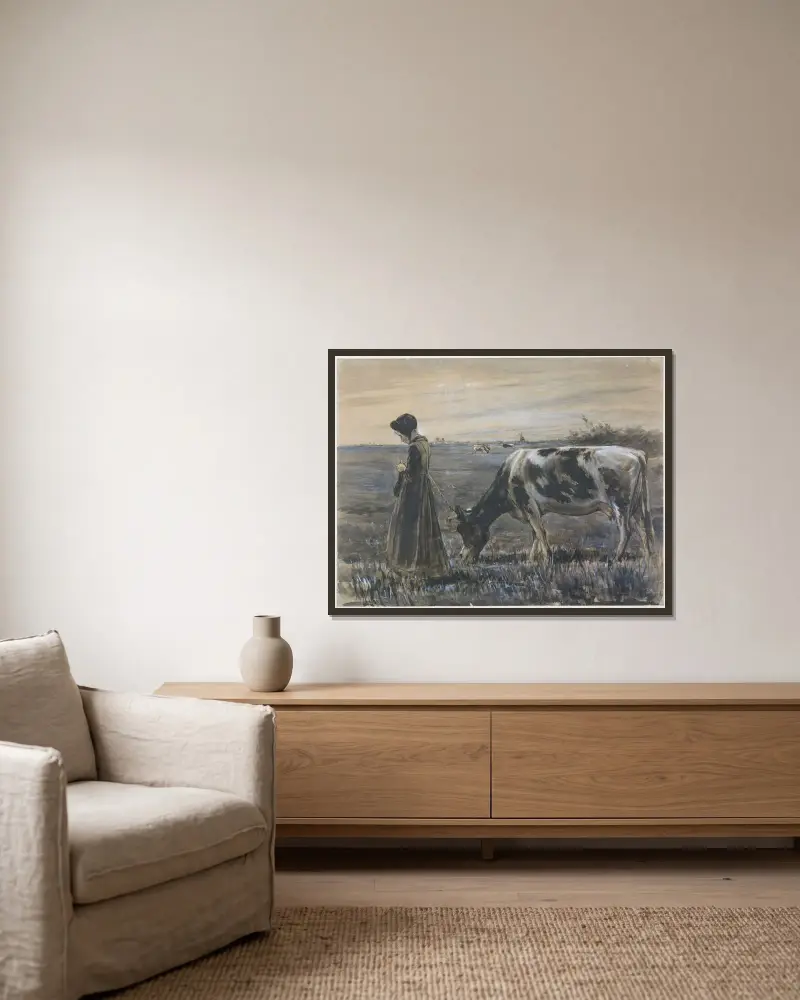 Mädchen mit Kuh von Max Liebermann gerahmt an einer Wand
