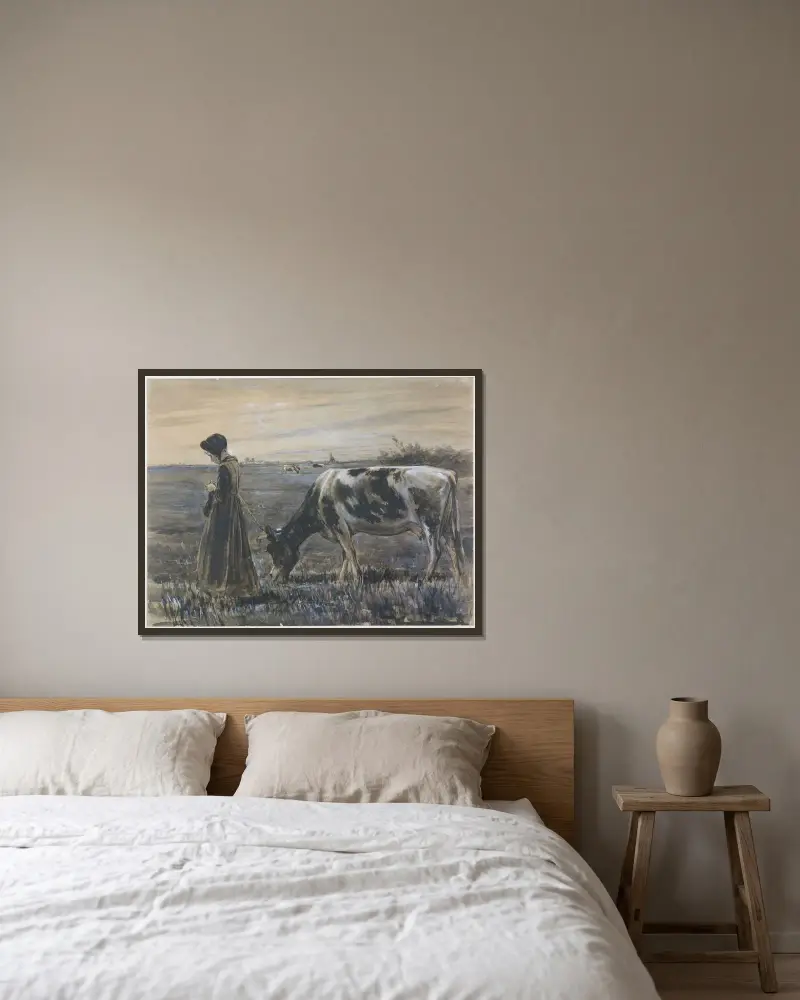 Mädchen mit Kuh von Max Liebermann gerahmt an einer Wand