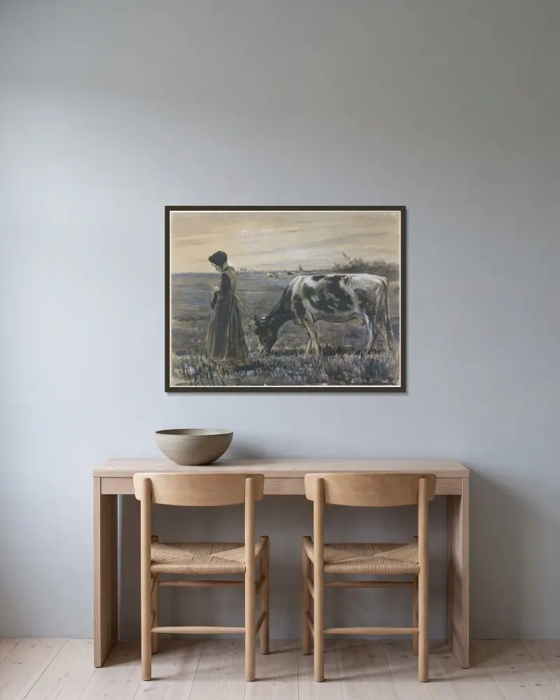 Mädchen mit Kuh von Max Liebermann gerahmt an einer Wand