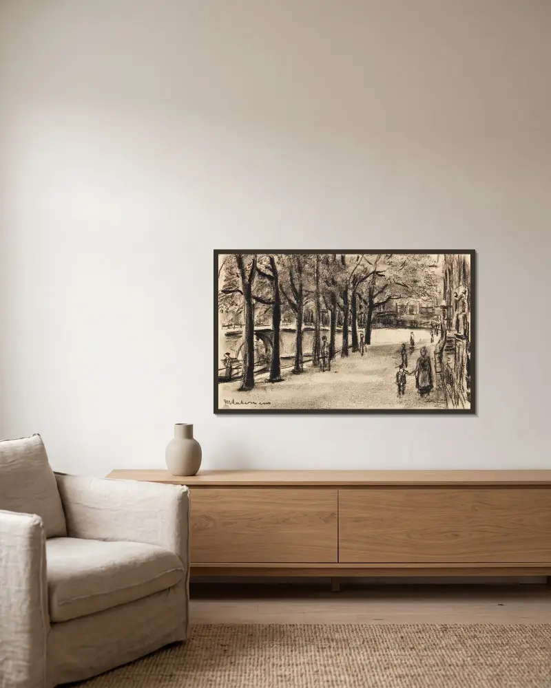 Kanal i Amsterdam med bro av Max Liebermann inramad på en vägg