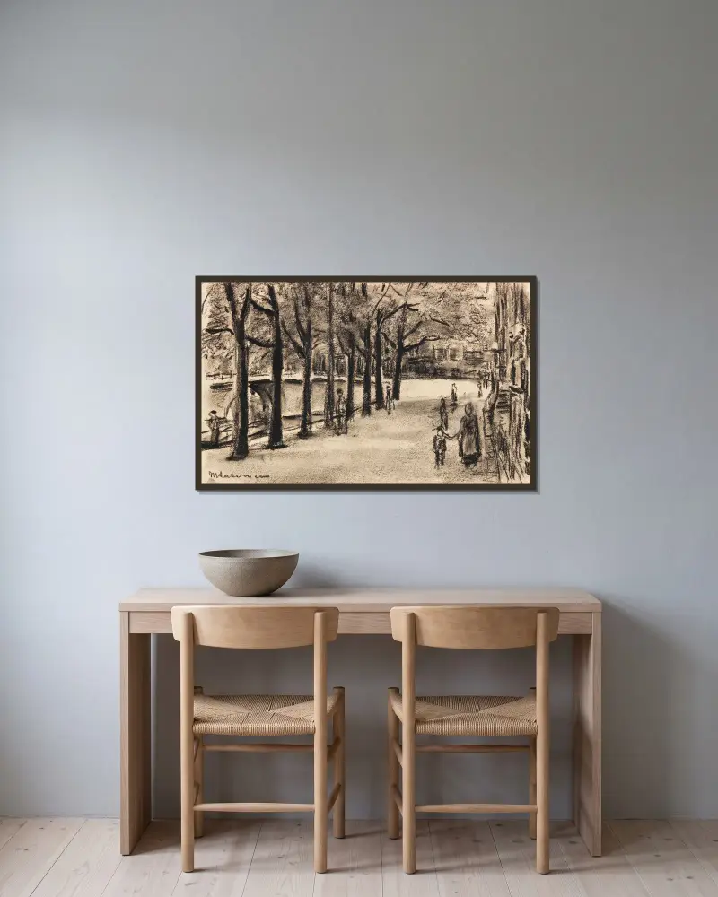 Kanal i Amsterdam med bro av Max Liebermann inramad på en vägg