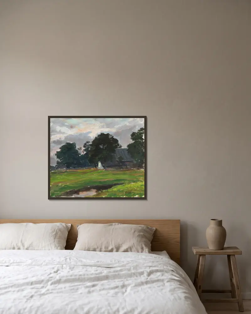 Holländskt bondhus av Max Liebermann inramad på en vägg