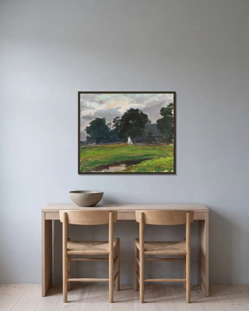 Holländskt bondhus av Max Liebermann inramad på en vägg