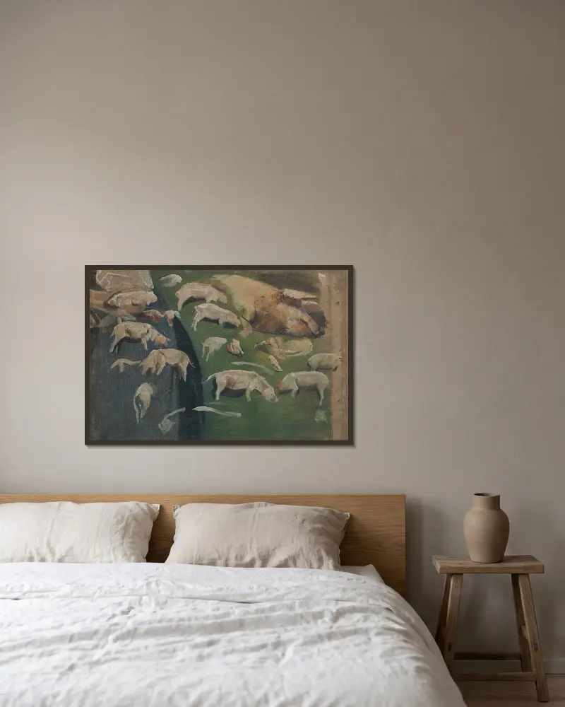 Sugga med kultingar, studier till svinstia av Max Liebermann inramad på en vägg
