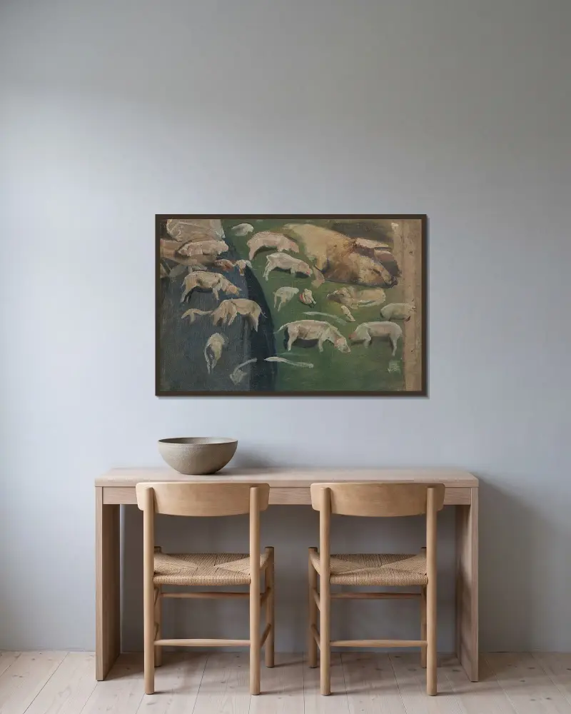 Sugga med kultingar, studier till svinstia av Max Liebermann inramad på en vägg