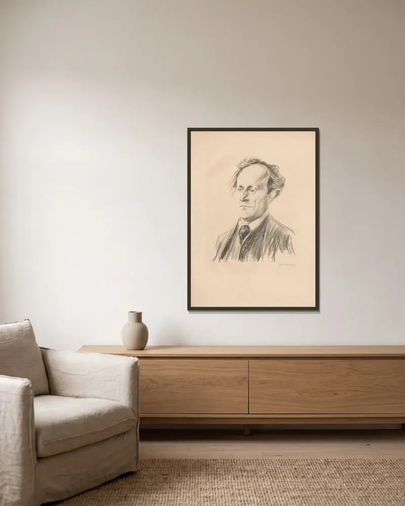 Porträt Gerhart Hauptmann av Max Liebermann inramad på en vägg