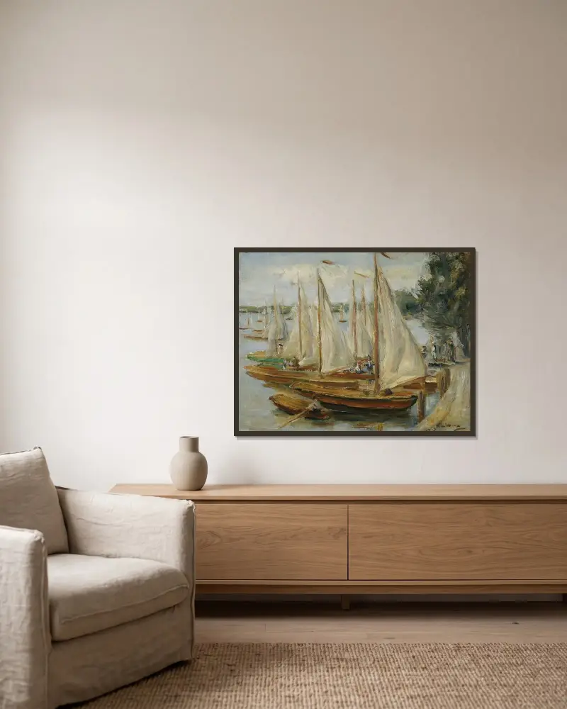 Segelbåtar på Wannsee av Max Liebermann inramad på en vägg