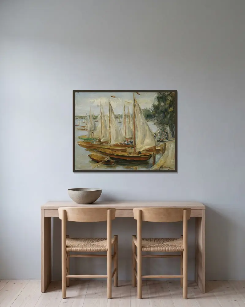 Segelbåtar på Wannsee av Max Liebermann inramad på en vägg
