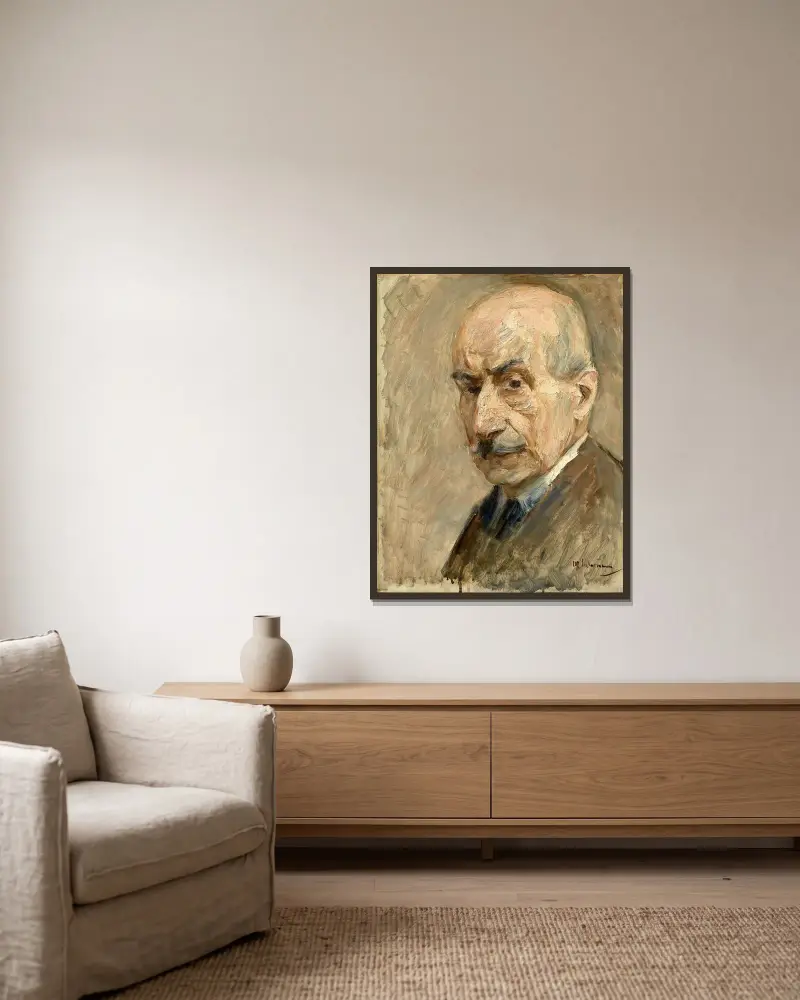 Självporträtt, byst i trekvartsprofil åt vänster av Max Liebermann inramad på en vägg