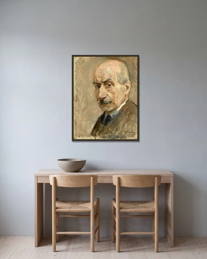 Självporträtt, byst i trekvartsprofil åt vänster av Max Liebermann inramad på en vägg