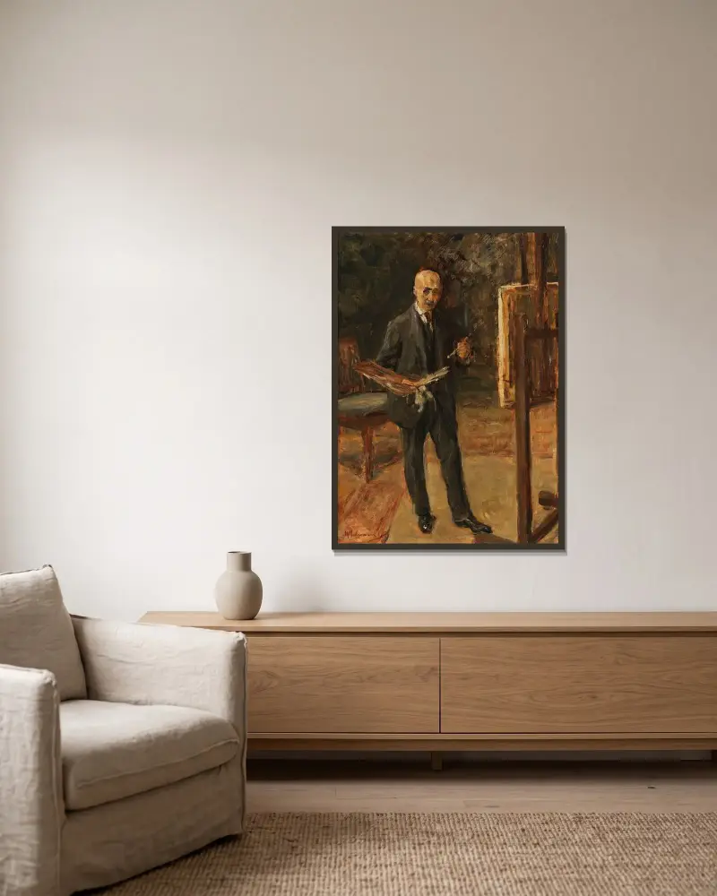 Självporträtt i kostym framför staffliet, helfigur av Max Liebermann inramad på en vägg