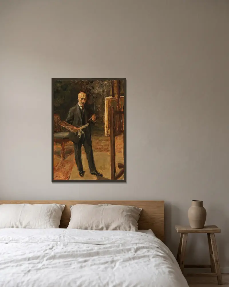 Självporträtt i kostym framför staffliet, helfigur av Max Liebermann inramad på en vägg