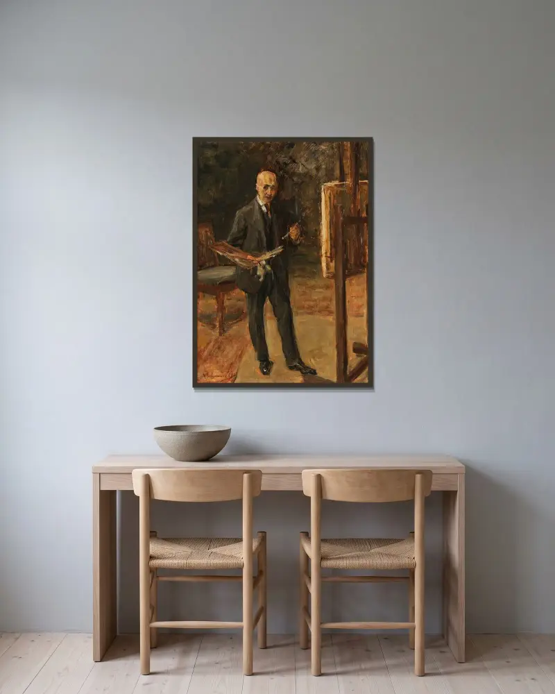Självporträtt i kostym framför staffliet, helfigur av Max Liebermann inramad på en vägg
