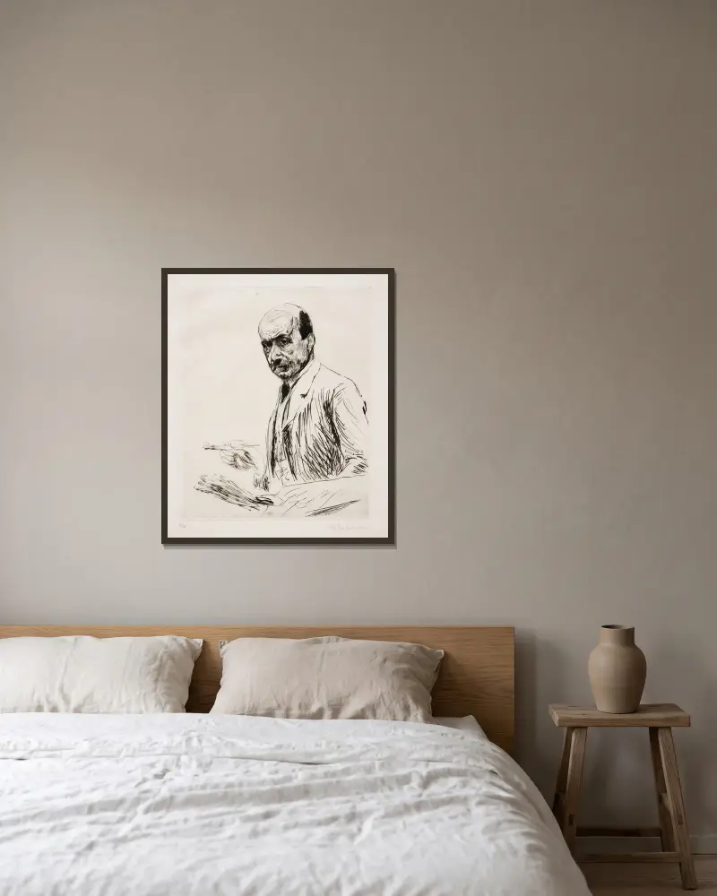 Självporträtt med palett av Max Liebermann inramad på en vägg