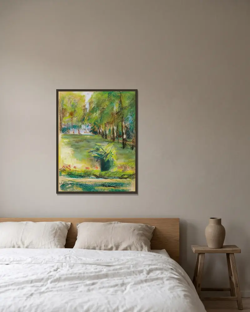 Konstnärens trädgård sedd mot öster från terrassen med utsikt över björkallén och Wannsee av Max Liebermann inramad på en vägg