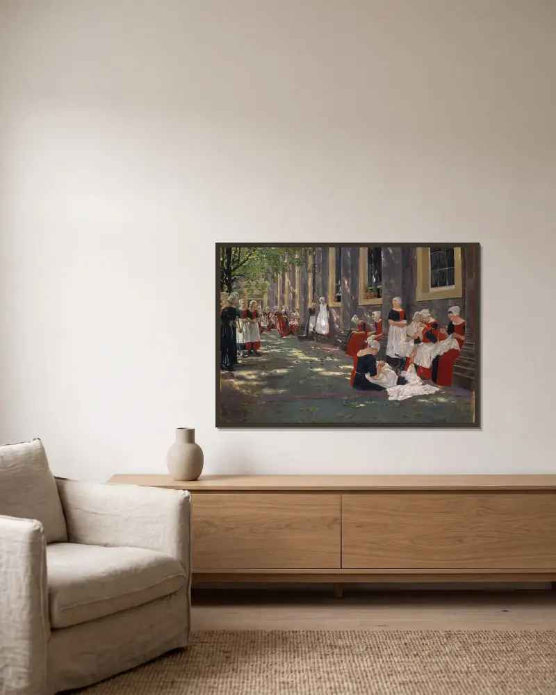 The Courtyard of the Orphanage in Amsterdam av Max Liebermann inramad på en vägg
