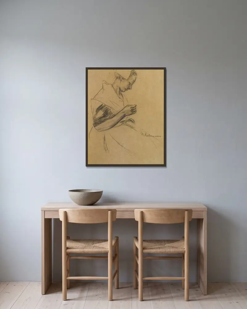Kvinna som syr av Max Liebermann inramad på en vägg