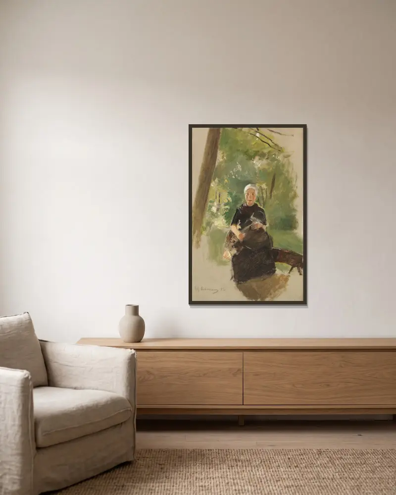Ung mor under träd av Max Liebermann inramad på en vägg