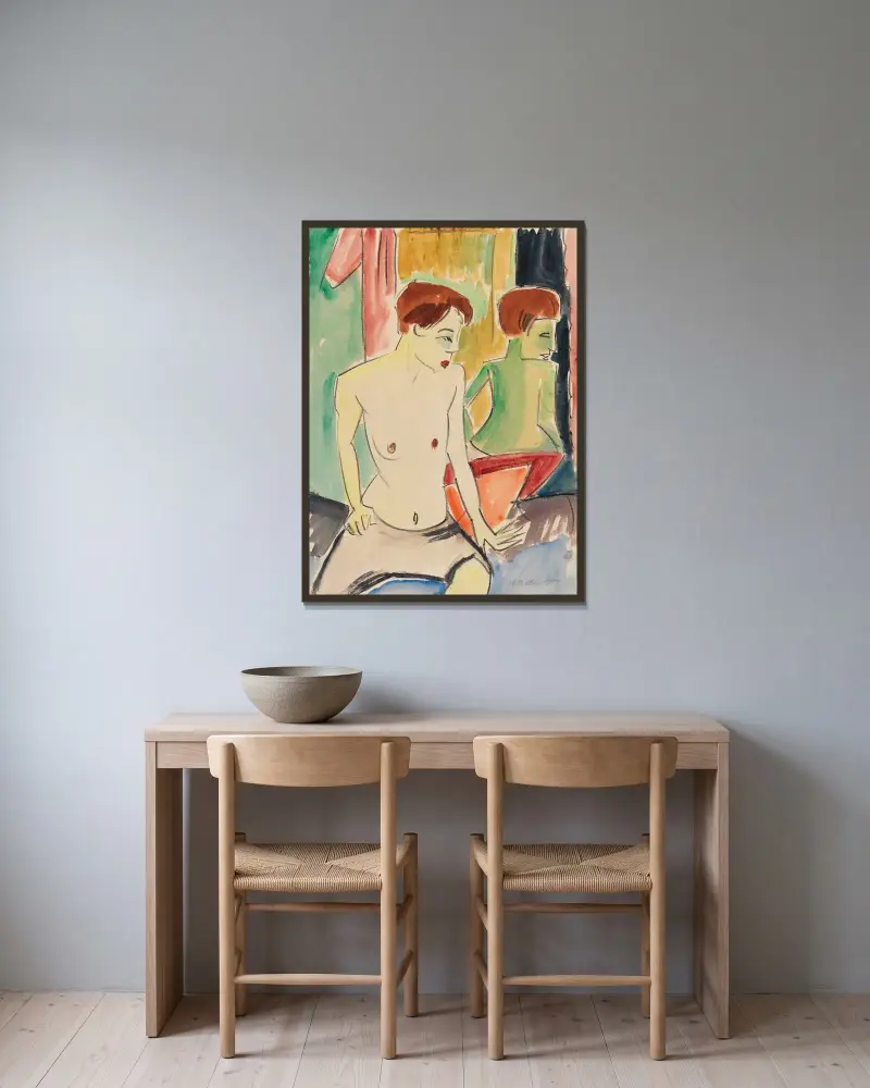 Akt II (Kvinna sittande framför en spegel) av Hermann Max Pechstein inramad på en vägg