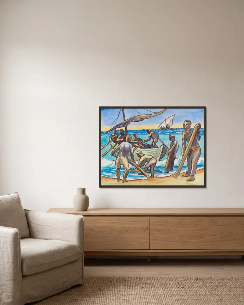 Ausfahrt zum Fischfang av Hermann Max Pechstein inramad på en vägg
