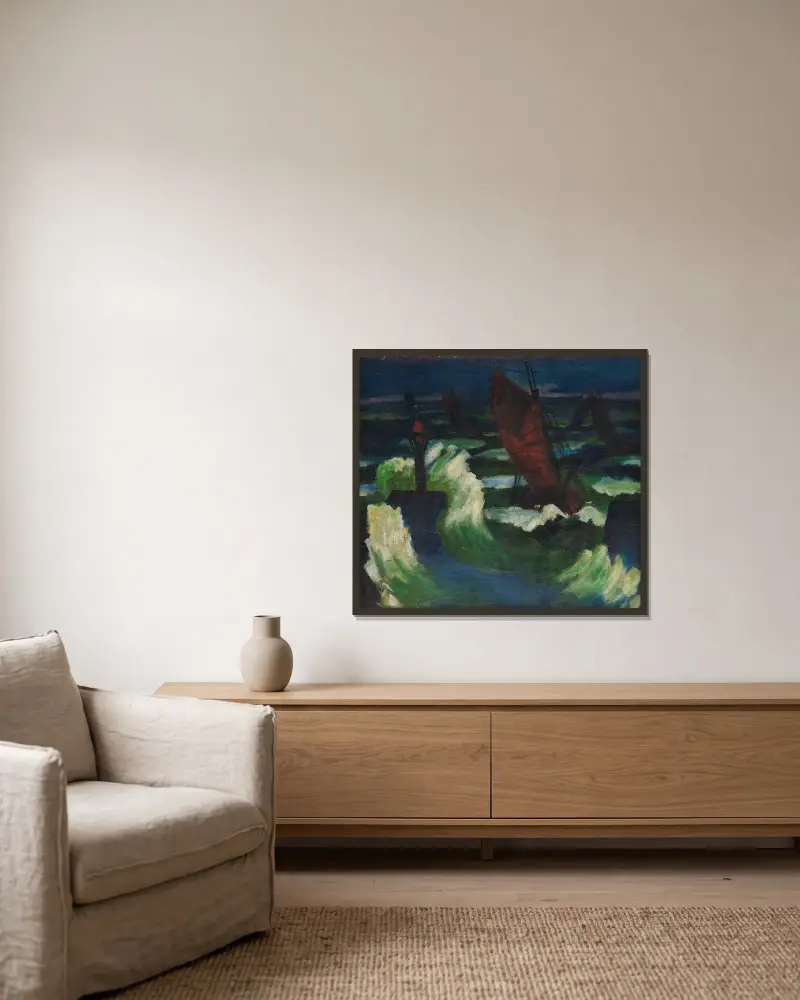 Båtar på Östersjön av Hermann Max Pechstein inramad på en vägg
