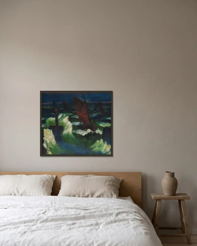 Båtar på Östersjön av Hermann Max Pechstein inramad på en vägg