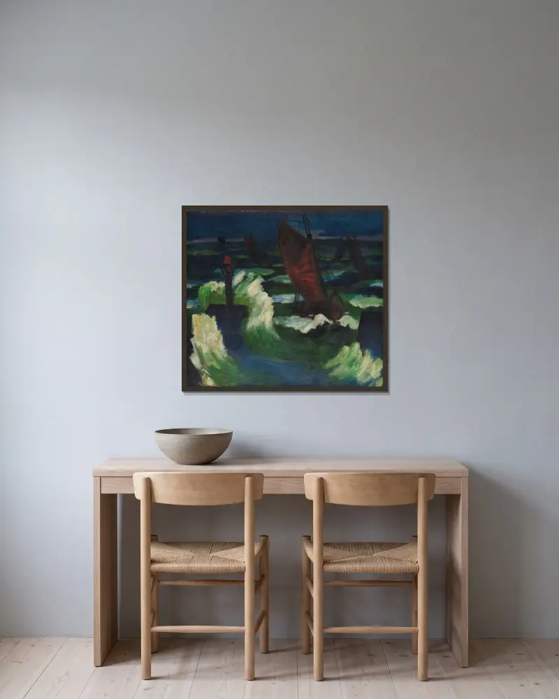 Båtar på Östersjön av Hermann Max Pechstein inramad på en vägg