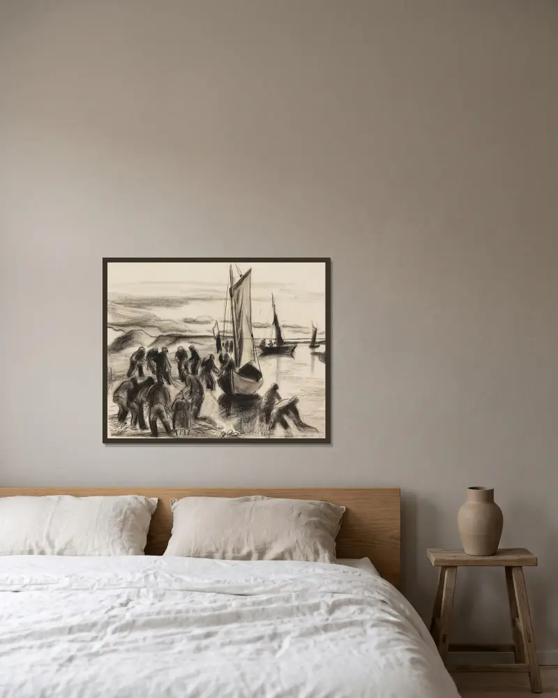 Fiskare med båtar vid Lupows mynning i Pommern av Hermann Max Pechstein inramad på en vägg