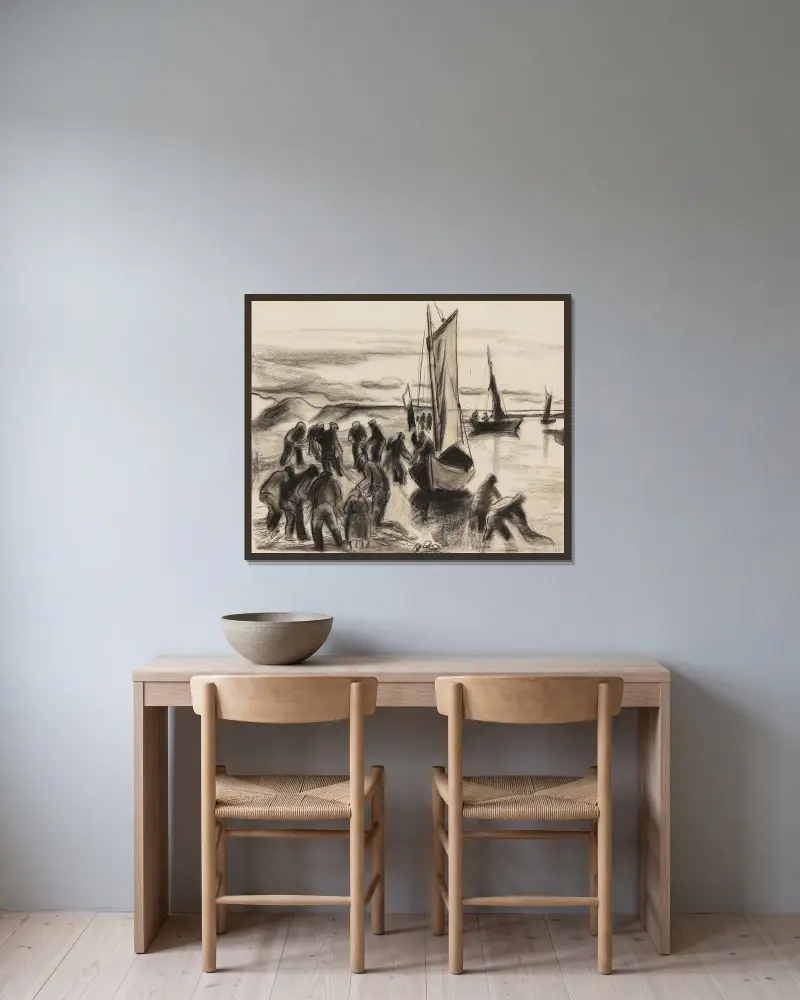 Fiskare med båtar vid Lupows mynning i Pommern av Hermann Max Pechstein inramad på en vägg