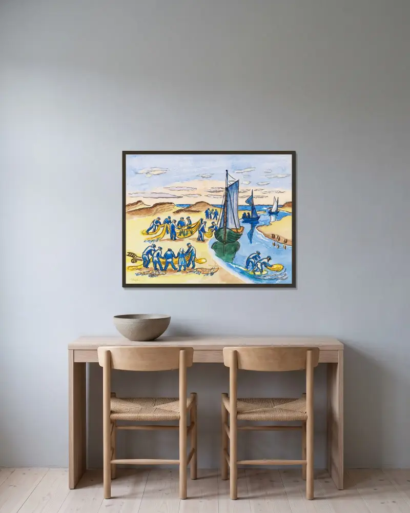 Fiskare i arbete på stranden av Hermann Max Pechstein inramad på en vägg