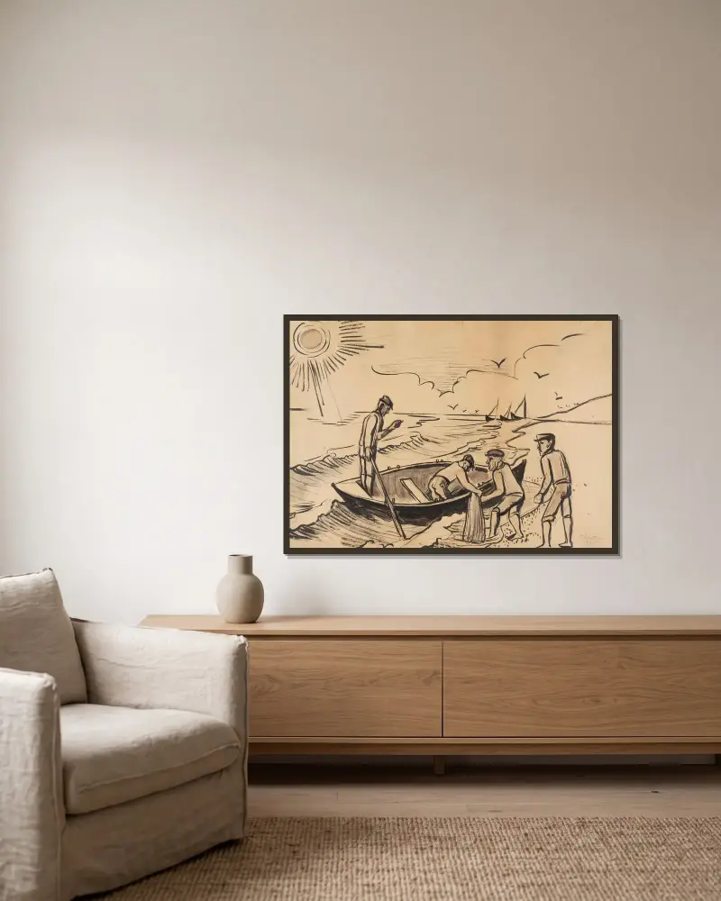 Fiskare vid havet av Hermann Max Pechstein inramad på en vägg
