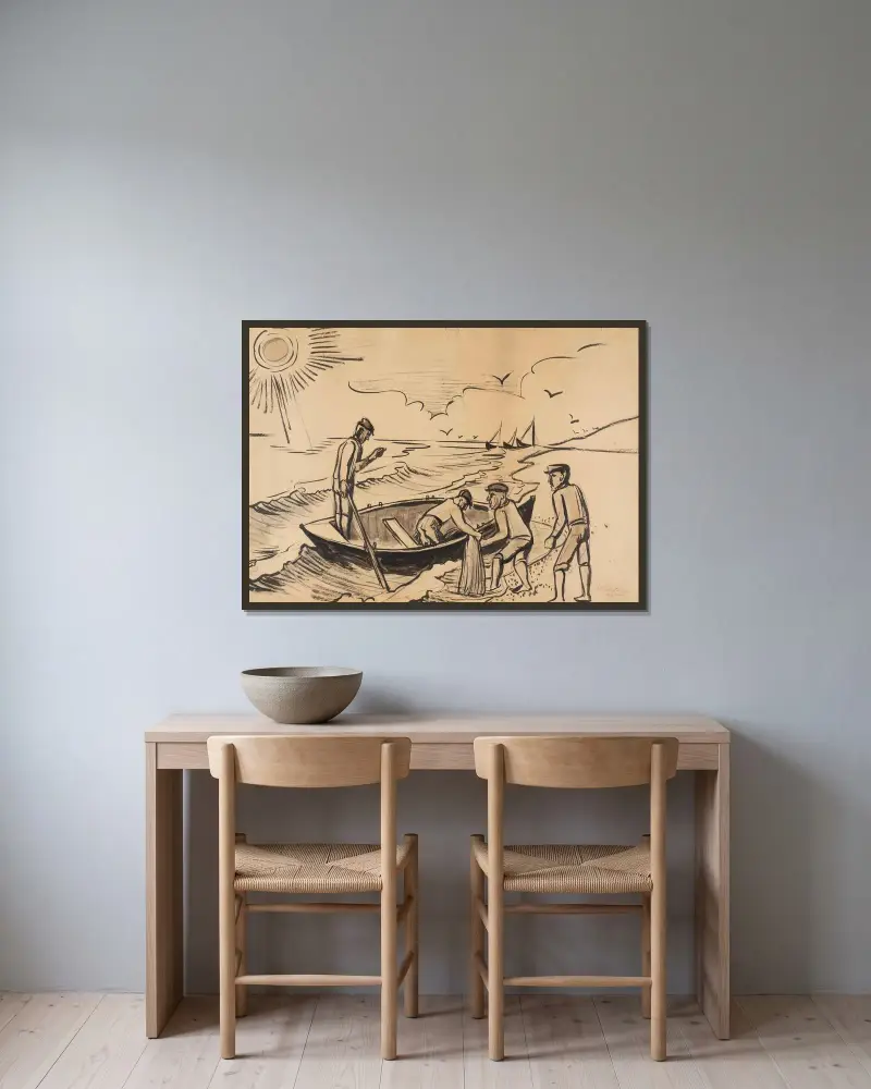 Fiskare vid havet av Hermann Max Pechstein inramad på en vägg