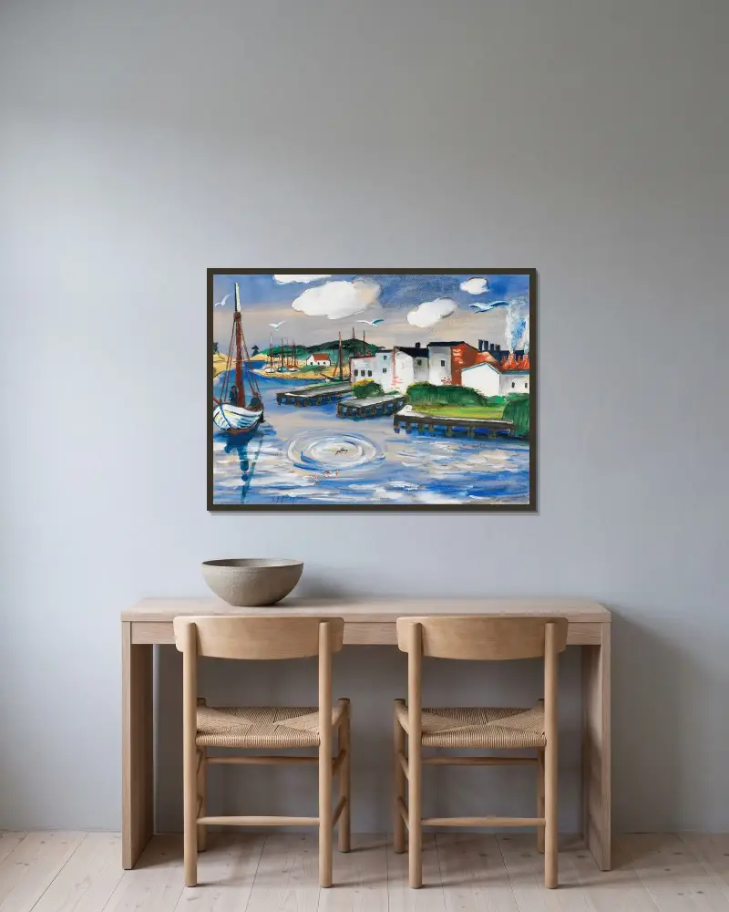 Fiskehamn i Leba av Hermann Max Pechstein inramad på en vägg