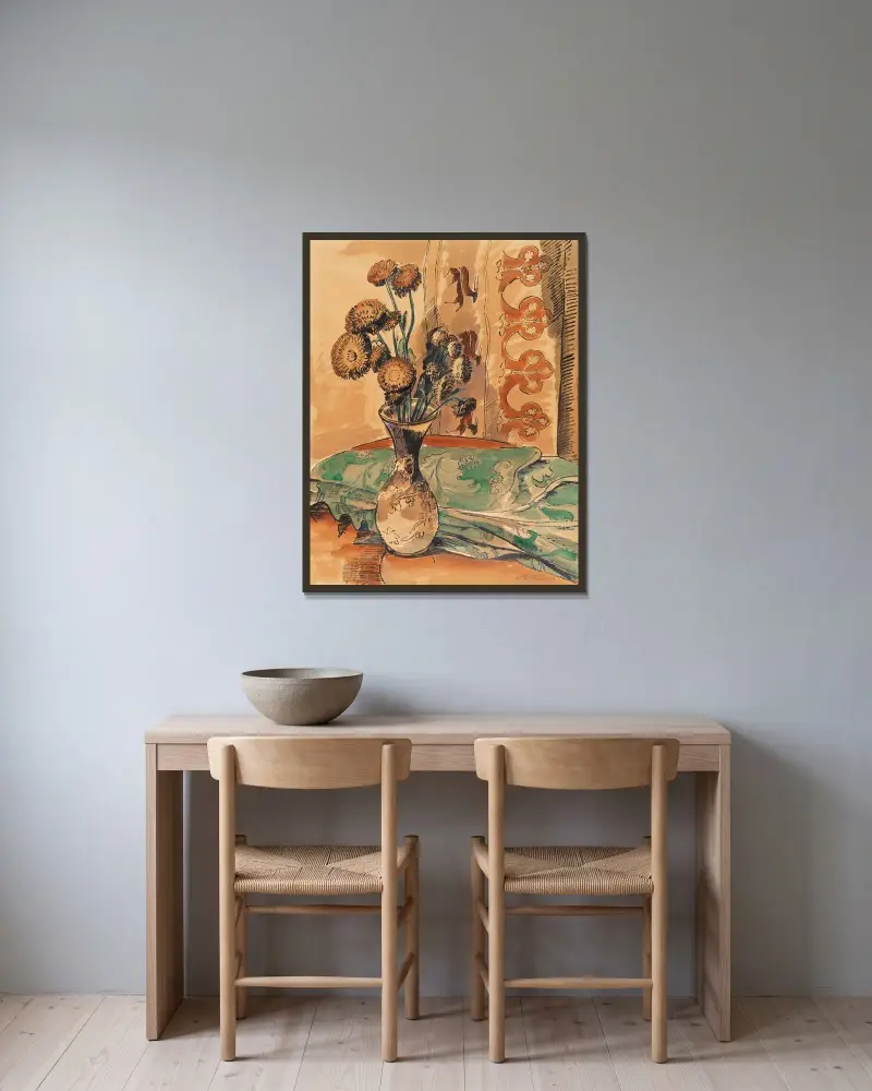 Blomsterstilleben med grön filt av Hermann Max Pechstein inramad på en vägg
