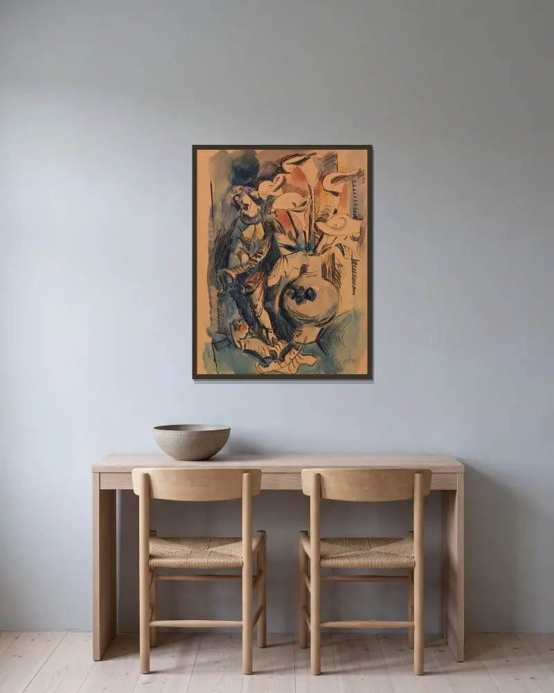 Blomsterstilleben med putto och kalla av Hermann Max Pechstein inramad på en vägg