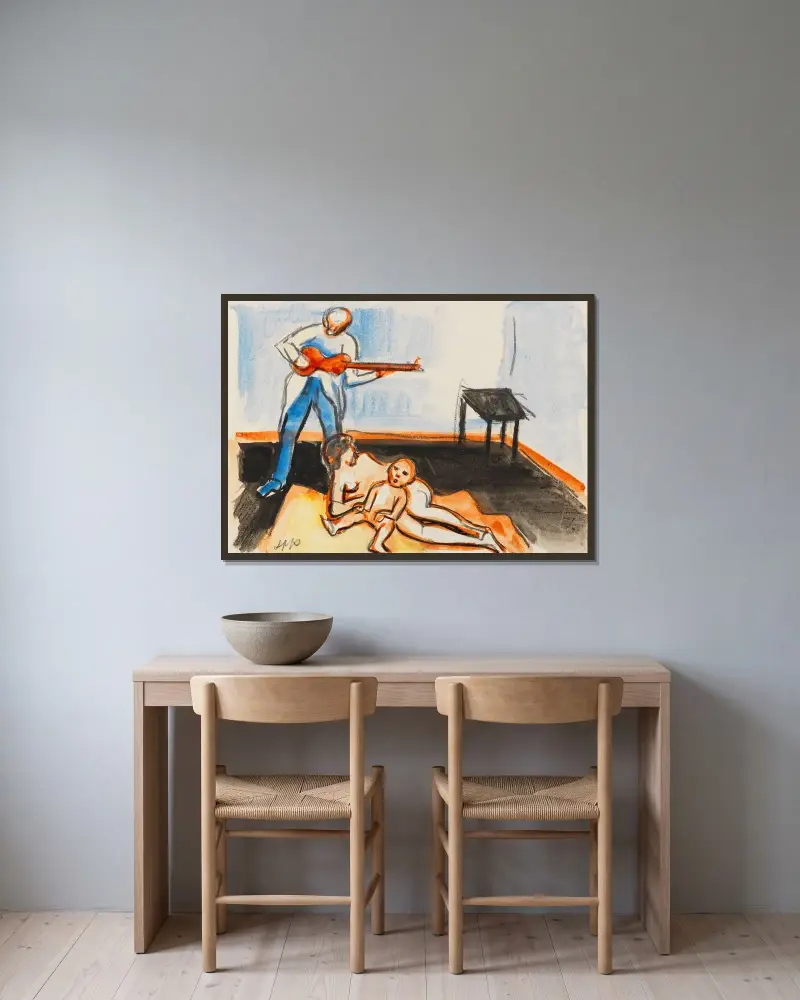 Syskonakt med lutspelare av Hermann Max Pechstein inramad på en vägg