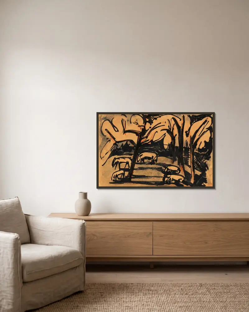 Grazing animals under trees von Hermann Max Pechstein gerahmt an einer Wand