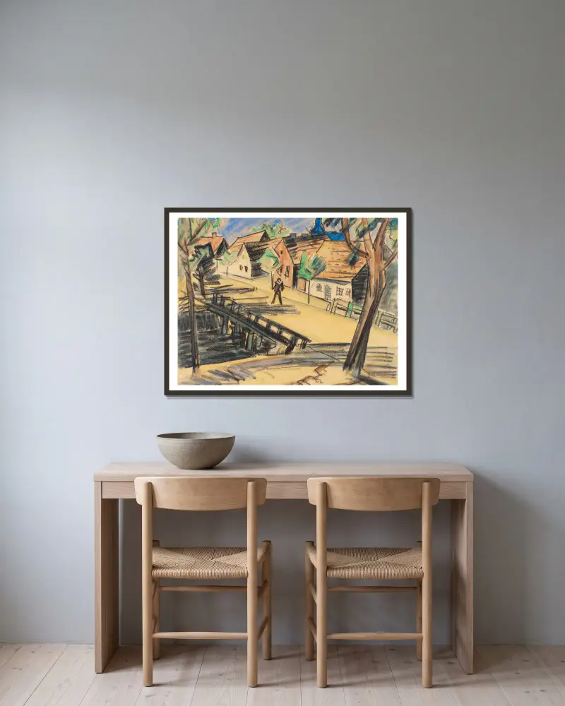 Große Mühlengraben-Brücke (Leba) von Hermann Max Pechstein gerahmt an einer Wand