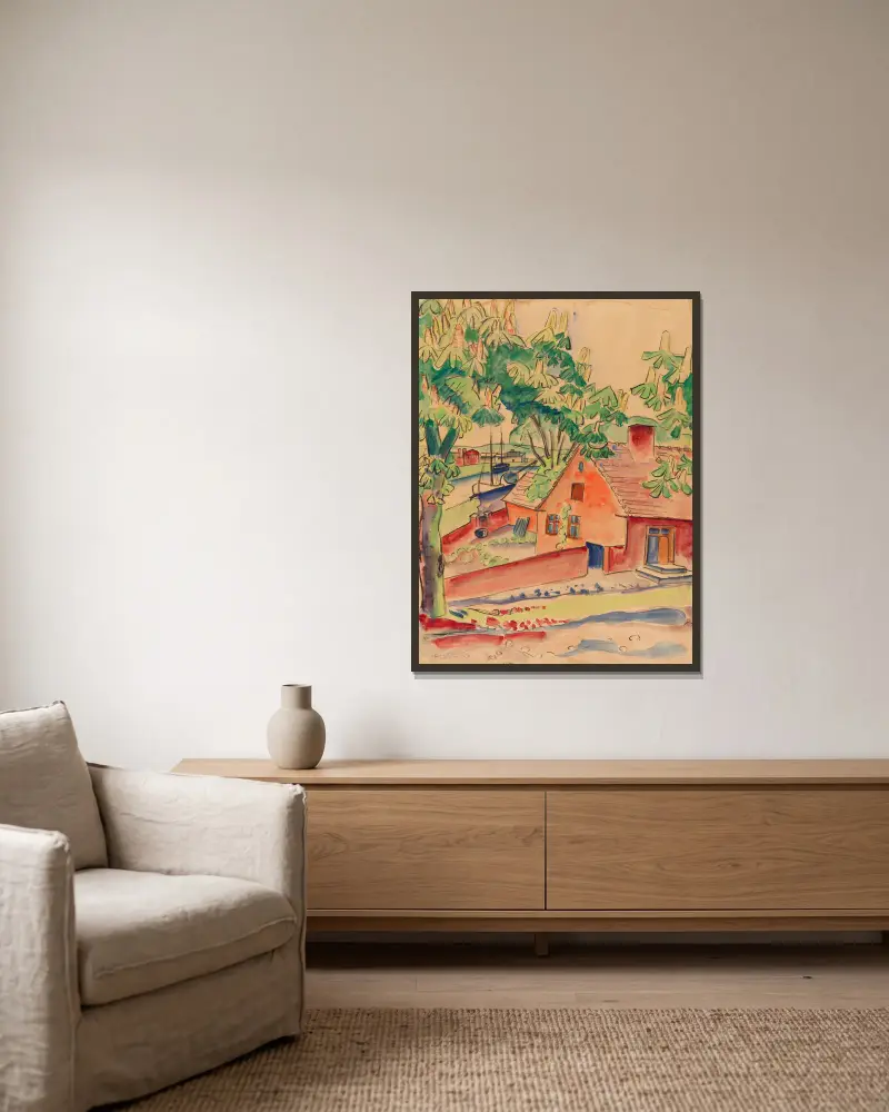 Haus unter Kastanienbäumen von Hermann Max Pechstein gerahmt an einer Wand