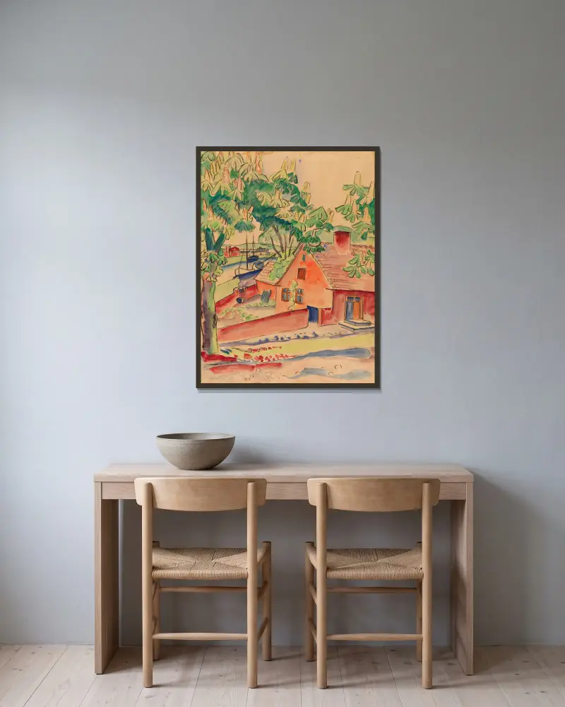 Haus unter Kastanienbäumen von Hermann Max Pechstein gerahmt an einer Wand