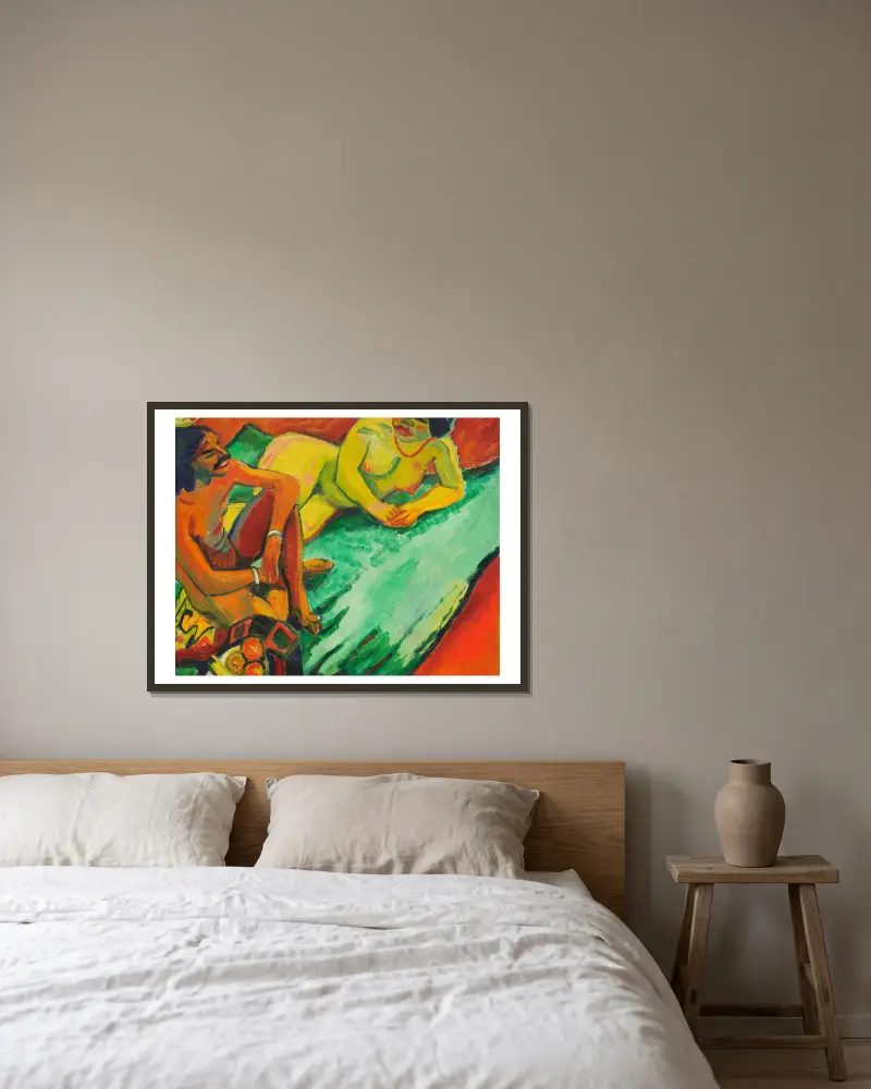 Inder und Frauenakt av Hermann Max Pechstein inramad på en vägg