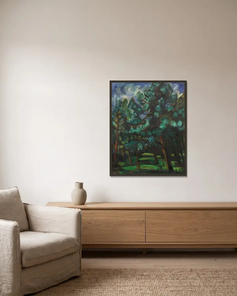 Tallskog efter regnet av Hermann Max Pechstein inramad på en vägg