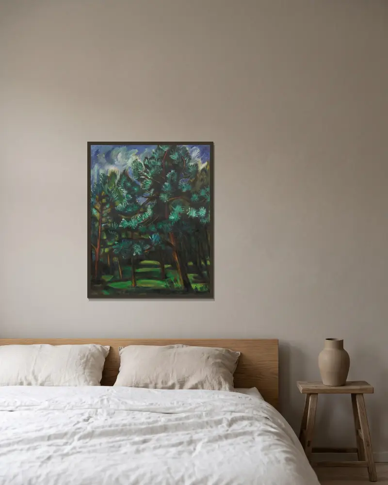 Tallskog efter regnet av Hermann Max Pechstein inramad på en vägg