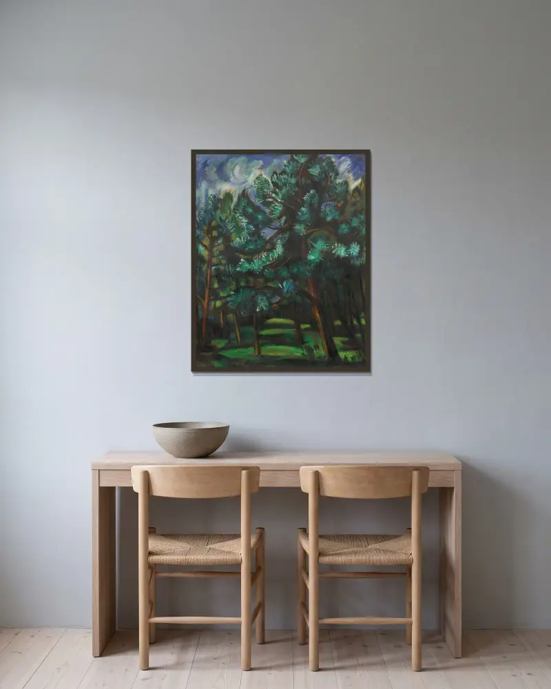 Tallskog efter regnet av Hermann Max Pechstein inramad på en vägg