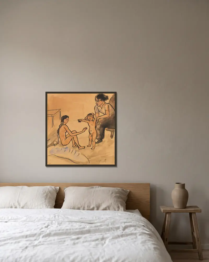 Mor och hennes två barn av Hermann Max Pechstein inramad på en vägg