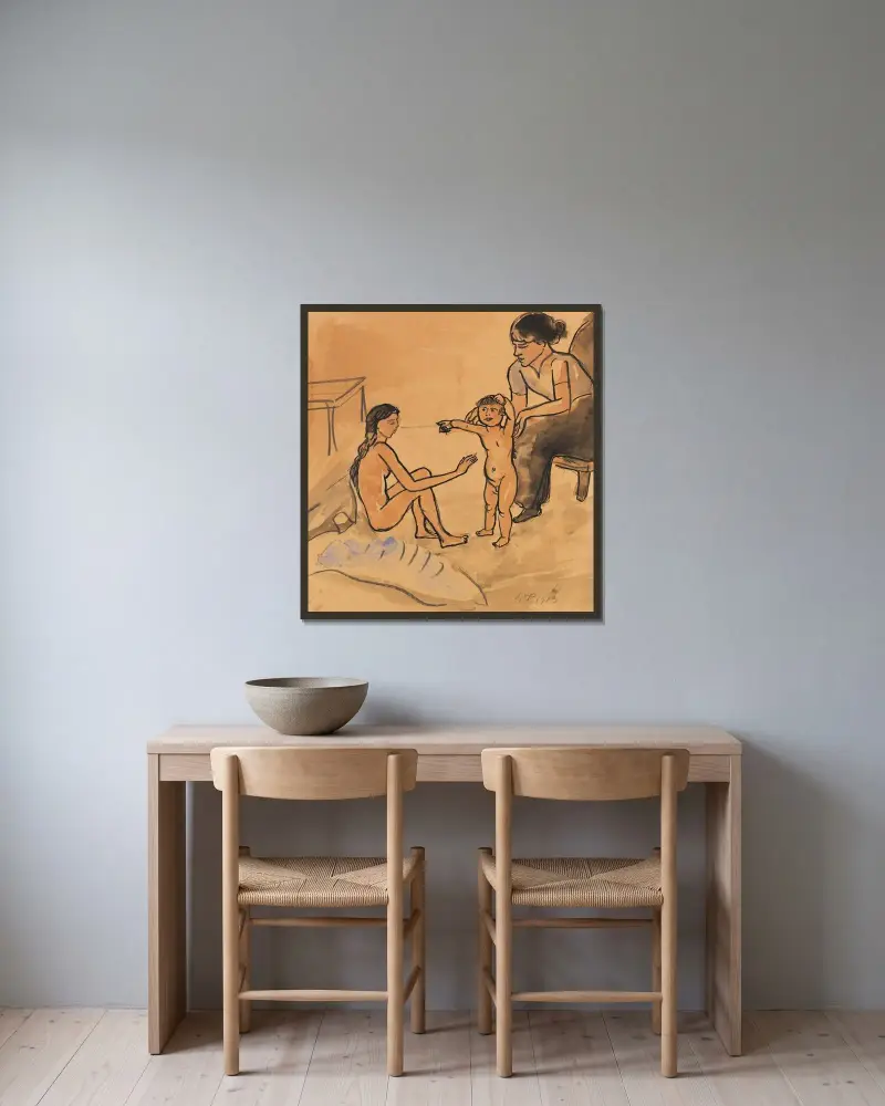 Mor och hennes två barn av Hermann Max Pechstein inramad på en vägg