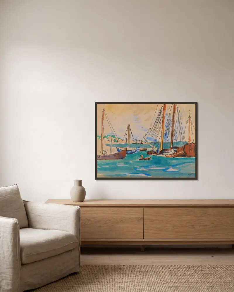 Am Hafen von Nidden von Hermann Max Pechstein gerahmt an einer Wand
