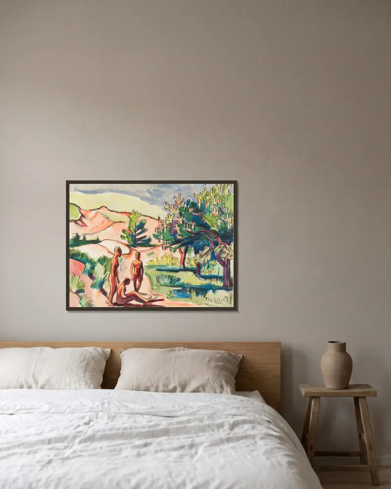 Aktfiguren in den Dünen von Hermann Max Pechstein gerahmt an einer Wand